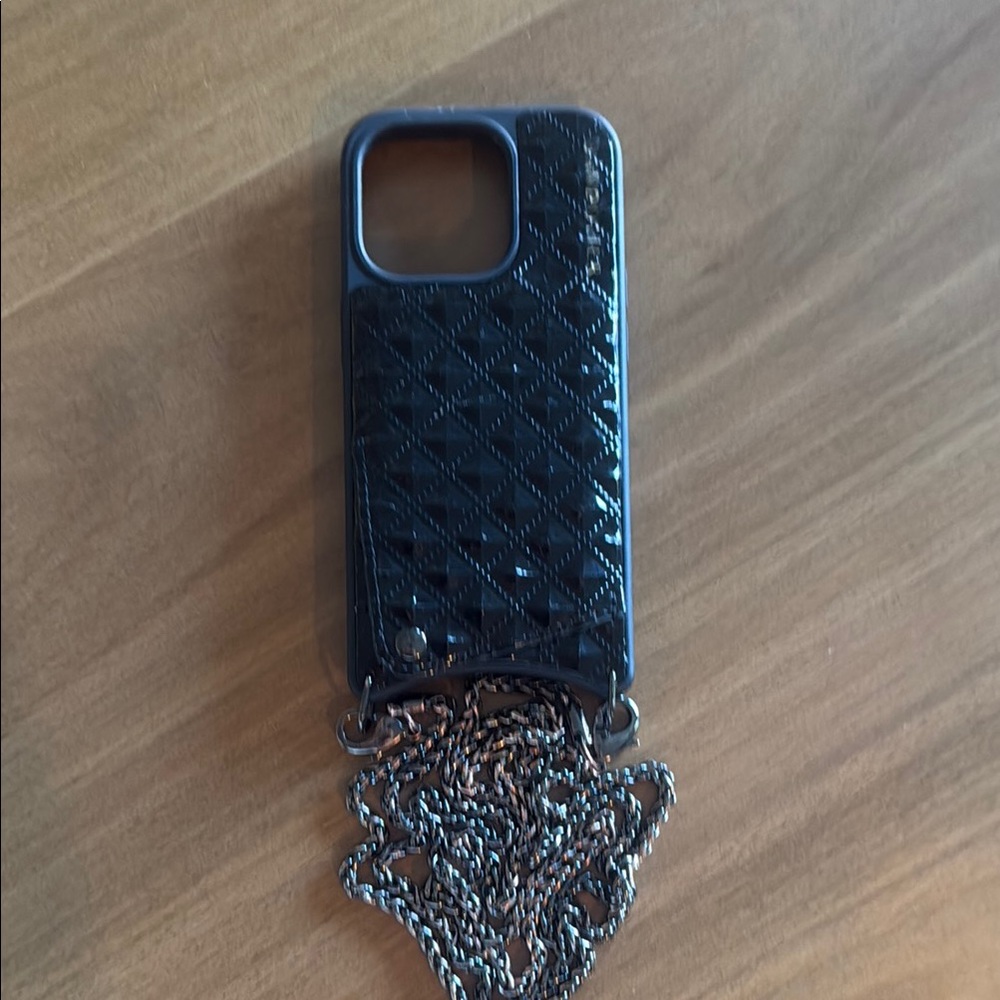 Bandolier for iPhone 15 pro - Elegant Black Quilted Phone Case with Chain